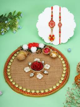 AAPNO RAJASTHAN - Festive Gota Work Thali with 2 Stone Bhaiya Bhabhi Rakhis