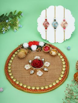AAPNO RAJASTHAN - Lace Embellished Pooja Thali with 3 Metal Engraved Rakhis