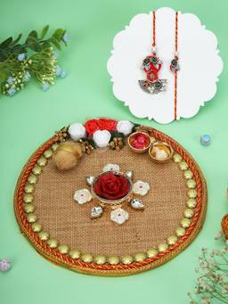 AAPNO RAJASTHAN - Velvet Floral Pooja Thali with 2 Bhaiya Bhabhi Rakhis