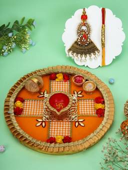 AAPNO RAJASTHAN - Velvet Floral Pooja Thali with Bhaiya Bhabhi Mauli Rakhi Set