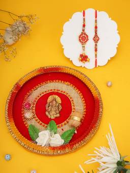 AAPNO RAJASTHAN - Ganesha Decor Velvet Pooja Thali with 2 Bhaiya Bhabhi Rakhis