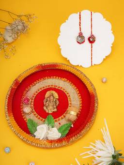 AAPNO RAJASTHAN - Traditional Red Puja Plate with 2 Bhaiya Bhabhi Rakhis