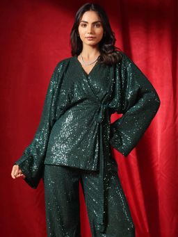 B'Infinite - Emerald Dazzling Overlap Top with Belt (Set of 2)