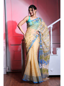 CHARUKRITI - Beige Silk Cotton Handwoven Soft Jamdani Saree without Blouse
