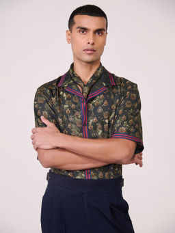 S&N by Shantnu Nikhil - Men's Green Silk Floral Slim Fit Shirt