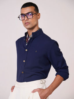 S&N by Shantnu Nikhil - Mens Navy Blue Rayon Blend Plain Slim Fit Shirt