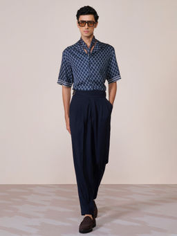 S&N by Shantnu Nikhil - Men's Navy Blue Silk Printed Slim Fit Shirt