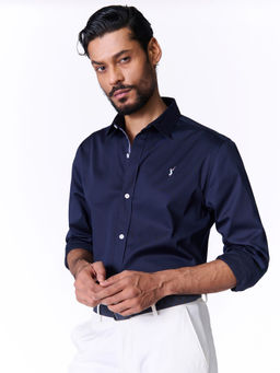S&N by Shantnu Nikhil - Men's Navy Blue Cotton Blend Plain Slim Fit Shirt