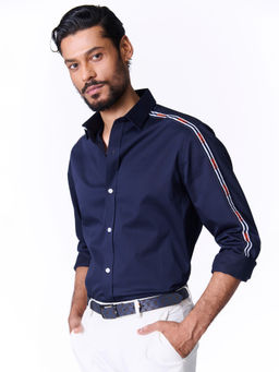 S&N by Shantnu Nikhil - Men's Navy Blue Cotton Blend Stripes Slim Fit Shirt