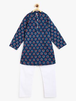 Campana - Boys Palash Kurta Pyjama Wild Flower Motif Navy Blue & White (Set of 2)