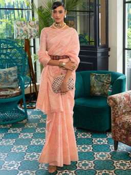 Akhilam - Womens Silk Blend Peach Chikankari Designer Saree with Unstitched Blouse