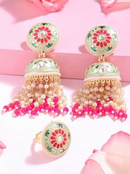 Zaveri Pearls - Pink & Green Meenakari Ethnic Statement Chain Fringe Jhumki Earring & Ring (Set Of 2)