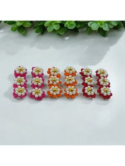 Choko - Set Of 6 Flowery Cotton & Pearl Hairclips