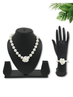 FUNKRAFTS - Floral Pearl Beaded Necklace with Bracelet Jewellery Set - White