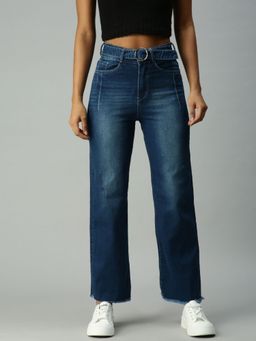 SHOWOFFFF - Womens Wide Leg Low Distress Blue Jeans