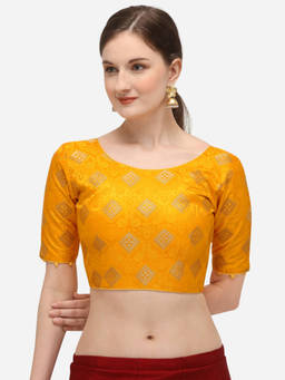 Amrutam Fab - Womens Jacquard Yellow Stiched Blouse With Round Neck