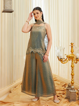 Colors Of Earth - Women'S Silk Embroidered Blue Kurti and Palazzo with Dupatta