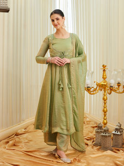 Colors Of Earth - Women'S Silk Embroidered Green Anarkali and Palazzo with Dupatta