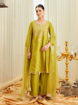 Colors Of Earth - Women Silk Embroidered Green Anarkali and Palazzo with Dupatta
