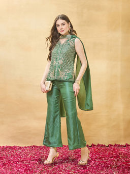 Colors Of Earth - Women'S Silk Embroidered Green Tunic and Pant with Dupatta