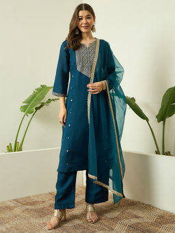 AVANSHEE - Women'S Silk Blend Embroidered Teal Kurta and Pant with Dupatta