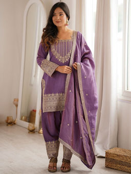 Odette - Women'S Silk Blend Embroidered Purple Kurta and Salwar with Dupatta