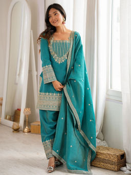 Odette - Women'S Silk Blend Embroidered Blue Kurta and Salwar with Dupatta