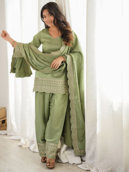 Odette - Women'S Silk Blend Embellished Green Kurta and Salwar with Dupatta