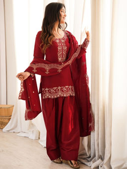 Odette - Women Silk Blend Embroidered Maroon Kurta and Pant with Dupatta