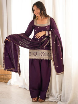 Odette - Women'S Silk Blend Embellished Purple Kurta and Pant with Dupatta