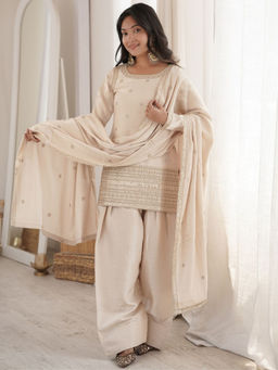 Odette - Women'S Silk Blend Embellished Cream Kurta and Pant with Dupatta