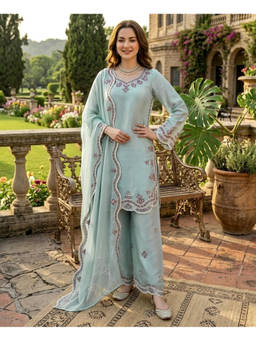Mirraw - Women'S Silk Blend Embroidered Blue Kurta and Palazzo with Dupatta