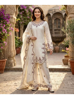 Mirraw - Women'S Silk Blend Embroidered White Kurta and Palazzo with Dupatta