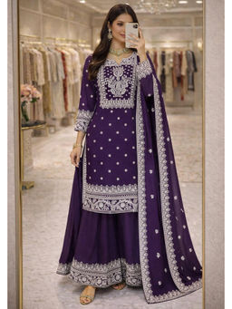 Mirraw - Women'S Silk Blend Embroidered Purple Kurta and Sharara with Dupatta