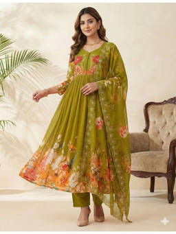 Mirraw - Women'S Georgette Printed Olive Anarkali and Pant with Dupatta