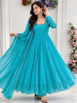 Mirraw - Women'S Georgette Solid Blue Kurta and Pant with Dupatta