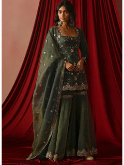 Mirraw - Women'S Silk Blend Embroidered Green Kurta and Sharara with Dupatta