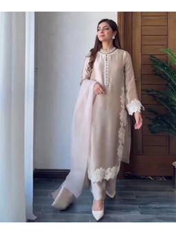 Mirraw - Women'S Silk Blend Embroidered Cream Kurta and Palazzo with Dupatta