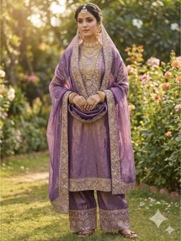 Mirraw - Women'S Silk Blend Embroidered Purple Kurta and Pant with Dupatta