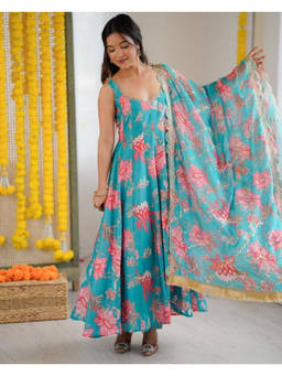 Mirraw - Women'S Cotton Floral Blue Anarkali and Pant with Dupatta