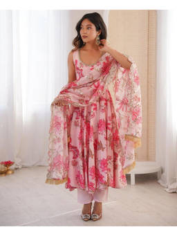 Mirraw - Women'S Cotton Floral Pink Anarkali and Pant with Dupatta