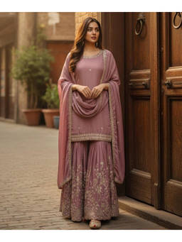 Mirraw - Women'S Silk Blend Embroidered Mauve Kurta and Sharara with Dupatta