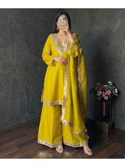 Mirraw - Women'S Silk Blend Embroidered Yellow Kurta and Palazzo with Dupatta