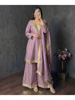 Mirraw - Women'S Silk Blend Embroidered Lavender Kurta and Palazzo with Dupatta