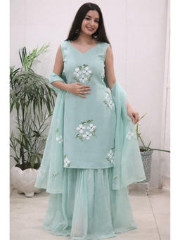 Mirraw - Women'S Georgette Printed Turquoise Kurta and Sharara with Dupatta