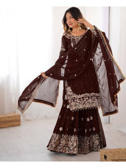 Mirraw - Women'S Georgette Embroidered Brown Kurta and Sharara with Dupatta