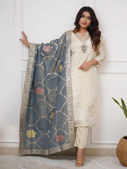 Mirraw - Women'S Viscose Embroidered White Kurta and Pant with Dupatta