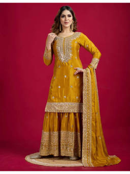Mirraw - Women'S Art Silk Embroidered Mustard Kurta and Sharara with Dupatta