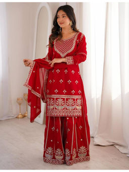 Mirraw - Women'S Georgette Embroidered Red Kurta and Sharara with Dupatta
