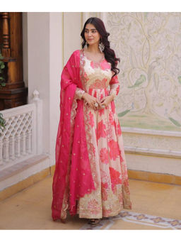 Mirraw - Women'S Silk Blend Floral Pink Anarkali and Pant with Dupatta